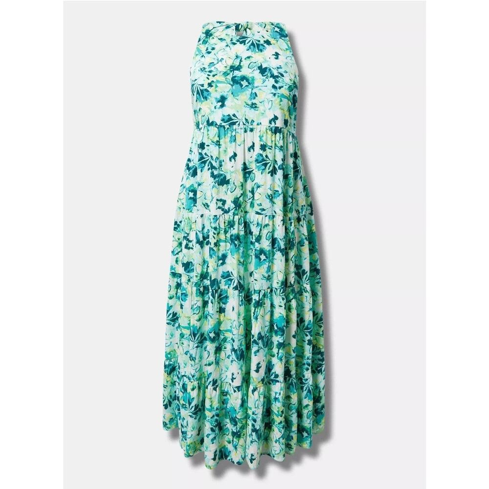 Torrid Maxi Washable Gauze Halter Tiered Dress in Watercolor Floral, Size 1X EUC